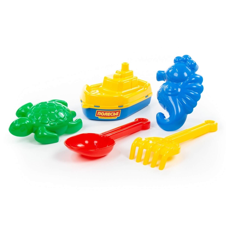 Набор для песочницы  № 370: кораблик  Буксир   совок грабельки   формочки  черепаха + морской конёк