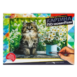 Холст по номерам на подрамнике 22х30 см котик с цветами МУЛЬТИ АРТ в кор 22шт