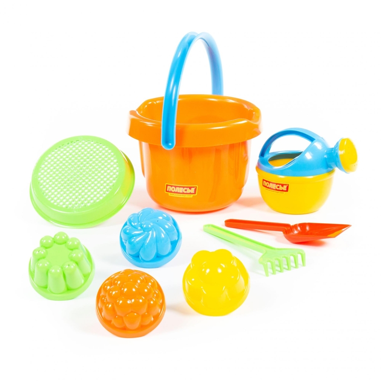 Набор для песочницы  № 206  ведро большое ситечко 4 формочки лейка малая  № 4 лопатка грабельки
