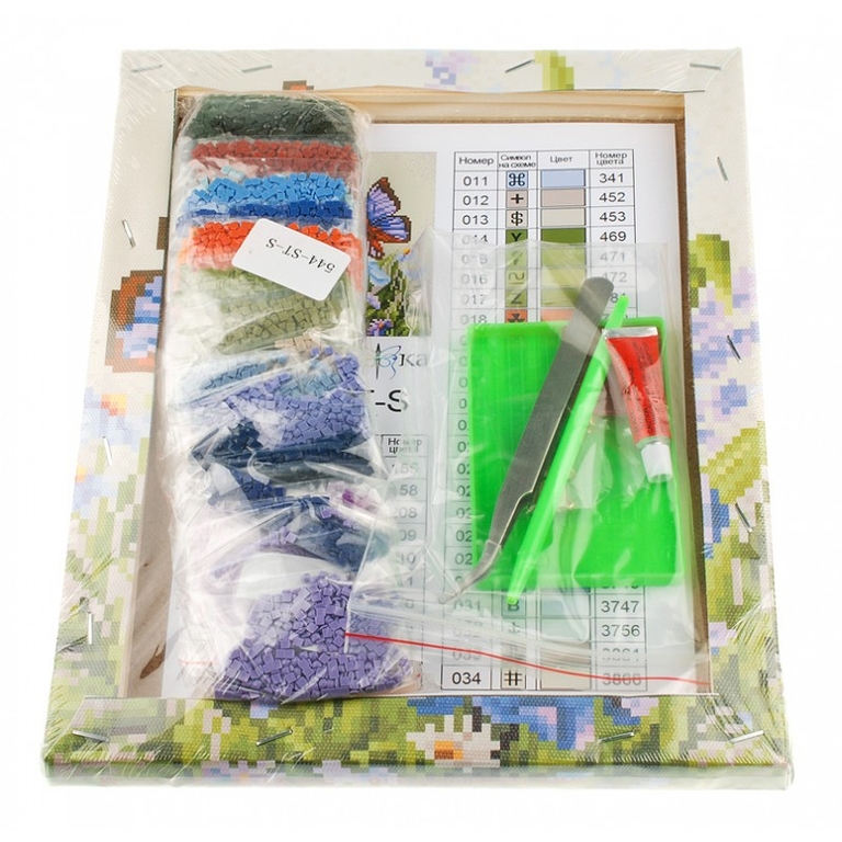 Мозаика алмазная Бабочка на ирисах на раме 20 на 25 см