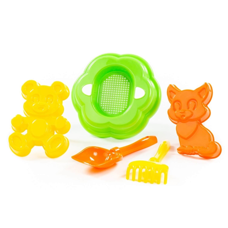 Набор для песочницы  № 90: лопатка  № 5  грабельки  № 5  формочки  котёнок + медведь   ситечко-цветок большое