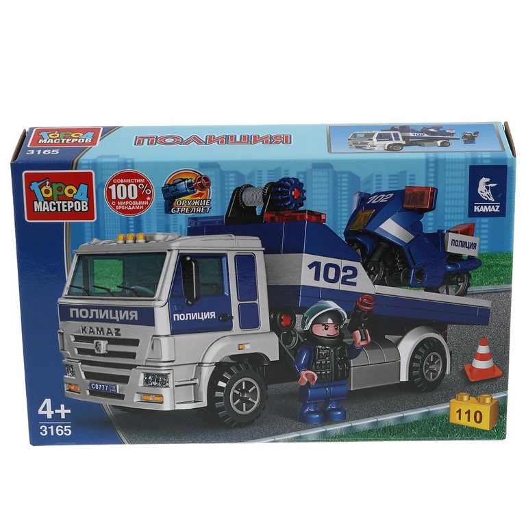 KAMAZ конструктор КАМАЗ: полицейский эвакуатор с мотоциклом 110 деталей ТМ Город мастеров
